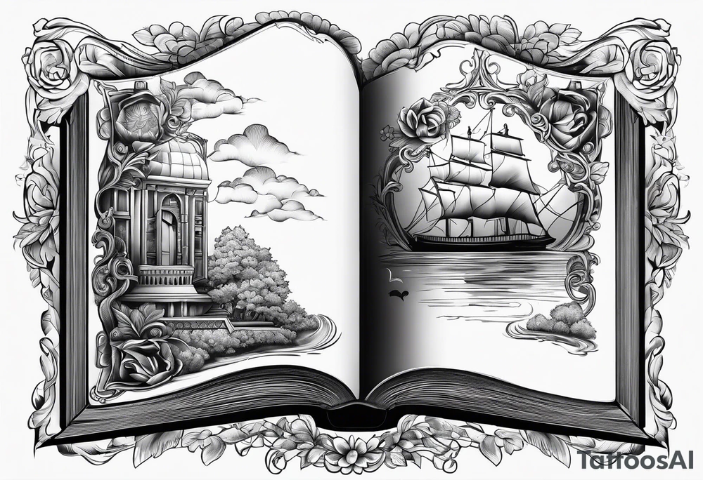 A blank open book with pages surrounding it tattoo idea A blank open book with pages surrounding it tattoo idea