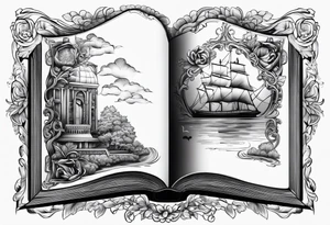 A blank open book with pages surrounding it tattoo idea