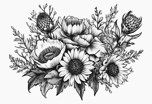 simple wildflower bouquet including thistle with the lyricas "And I won't let me insecurities define who I am" around it tattoo idea