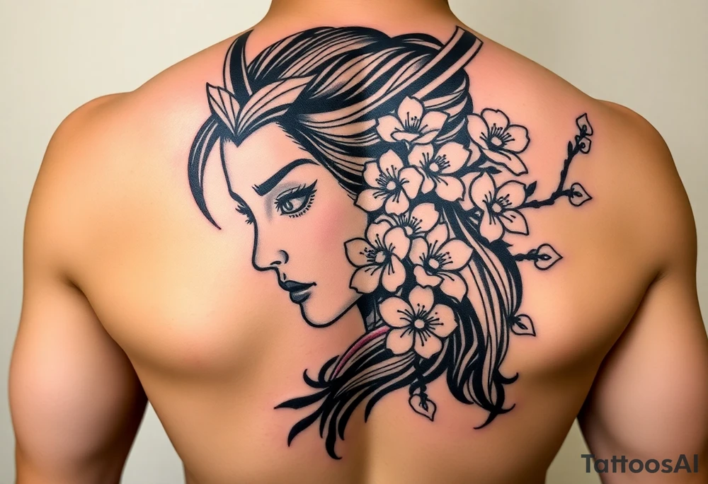 Samurai women face
 with a with cherry blossom with wind tattoo idea