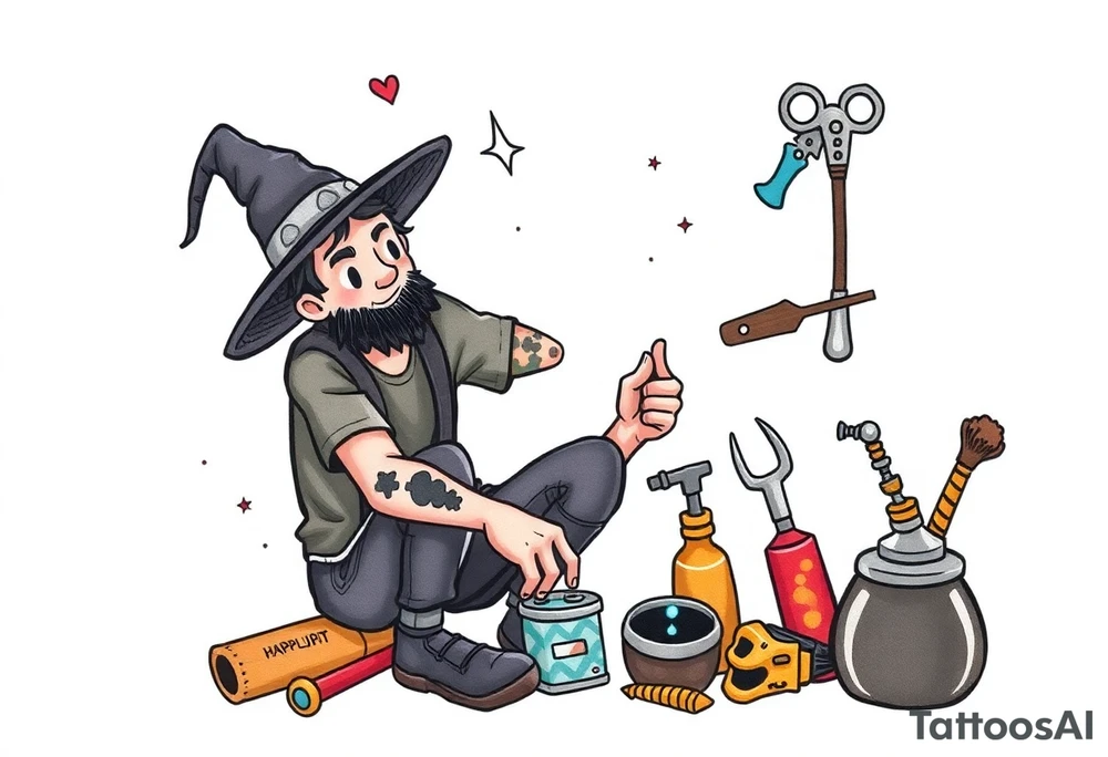 Young guy is exploring witch supplies, tools, equipment tattoo idea