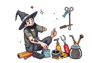 Young guy is exploring witch supplies, tools, equipment tattoo idea