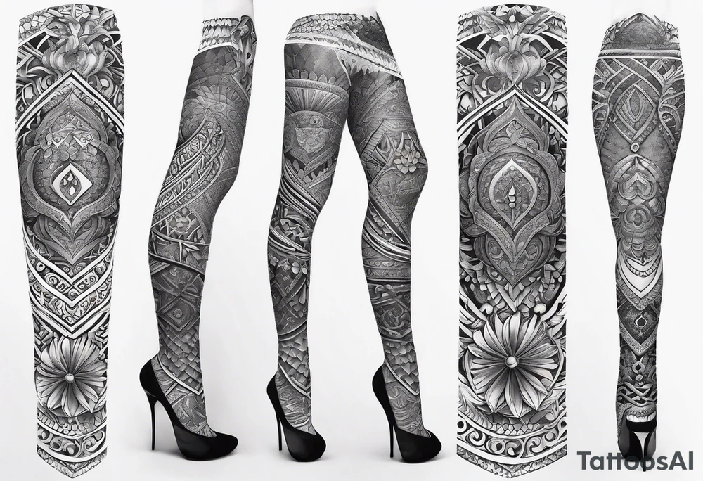 Hindu Sanskrit tribal design on right lower leg, below knee to top of feet tattoo idea