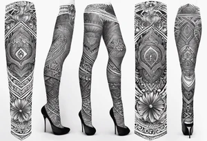 Hindu Sanskrit tribal design on right lower leg, below knee to top of feet tattoo idea