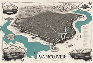 A overview old school map of vancouver B.C with water drop staining and major roadways highlighted with honeycomb tattoo idea