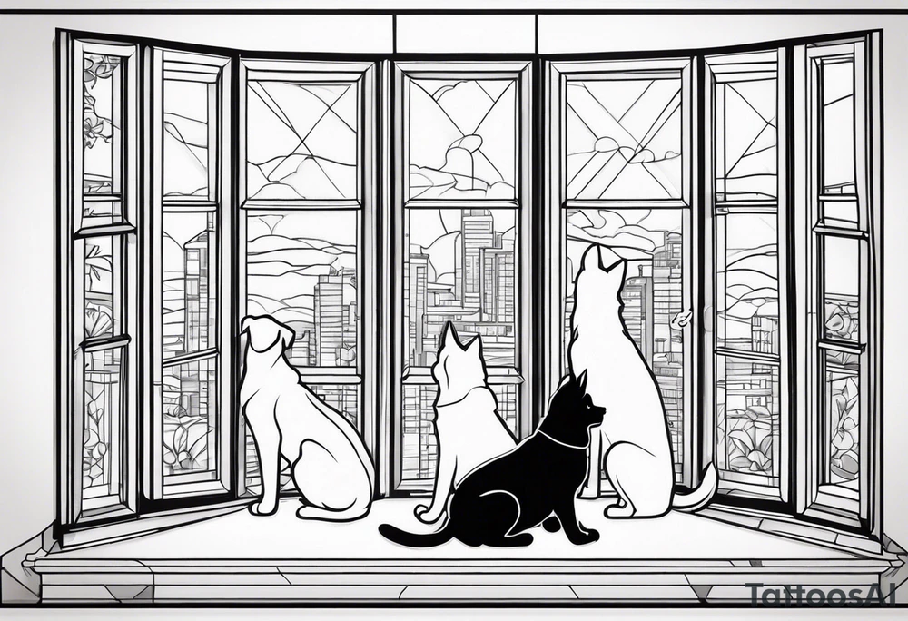dog and cat sitting on floor and looking out tall thin window together tattoo idea dog and cat sitting on floor and looking out tall thin window together tattoo idea