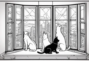 dog and cat sitting on floor and looking out tall thin window together tattoo idea