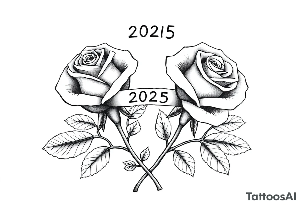 two beautiful rose buds, side by side, with many leaves and their stems intertwined, representing two people in love. Include a banner connecting the two roses with "2025" on it.  The word "Rose" written in Kanji above the drawing.  Use dark outlines with little shading. The two stems should connect and join into one stem, whimsically curved or twisted - not straight down. tattoo idea