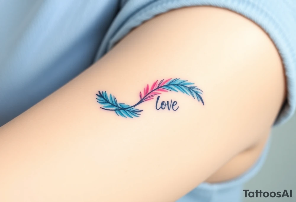 A feathered infinity symbol in shades of light blue and pink, with "Love" appearing as if softly whispered into the design tattoo idea