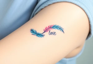 A feathered infinity symbol in shades of light blue and pink, with "Love" appearing as if softly whispered into the design tattoo idea