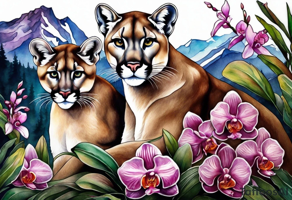 Mother mountain lion with 2 cubs and orchids tattoo idea