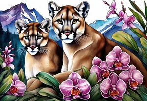 Mother mountain lion with 2 cubs and orchids tattoo idea
