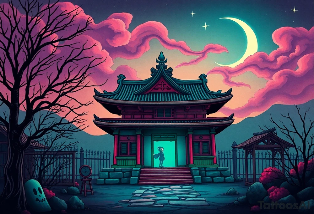 Tim Burton’s haunted pastel Tokyo shrine is abandoned except for one lone samurai ghost and dripping with muted reds, dusty pinks, and eerie green glow.purple and cyan smokey clouds swirl in the crescent moonlit sky thats sprinkled with stars tattoo idea tattoo idea