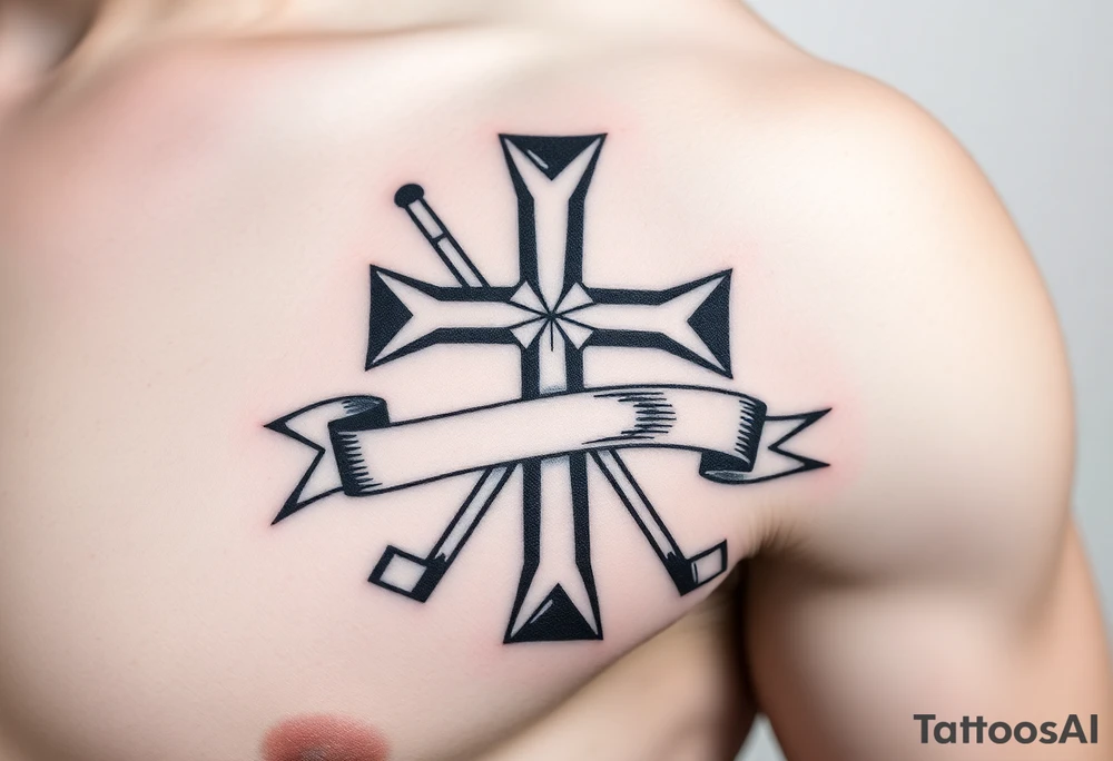 Hockey stick cross with a ribbon wrapping around it, tattoo idea