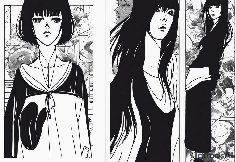 portrait of tomie standing up a character by the horror manga author junji ito full body standing menacingly. add more horror and gore elements tattoo idea