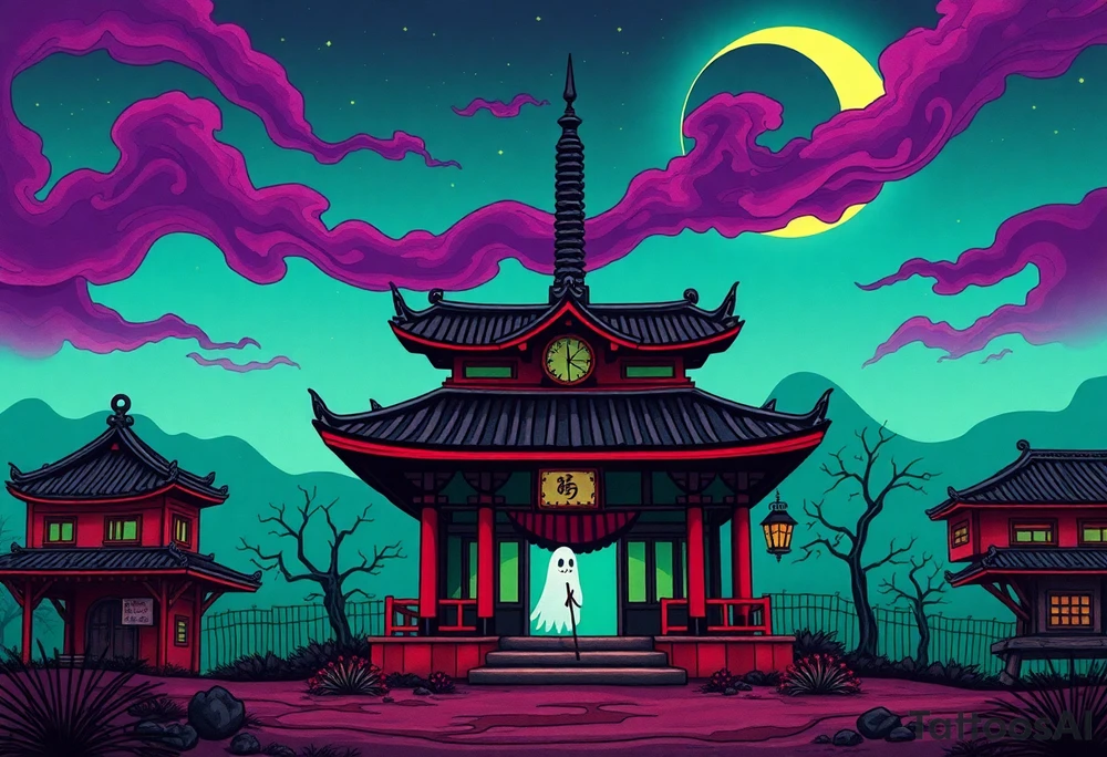 Tim Burton’s haunted pastel Tokyo shrine is abandoned except for one lone samurai ghost and dripping with muted reds, dusty pinks, and eerie green glow.purple and cyan smokey clouds swirl in the crescent moonlit sky thats sprinkled with stars tattoo idea tattoo idea