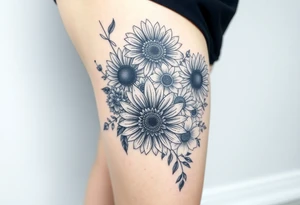 Bouquet of sunflowers, water Lillies, dahlias, marigolds, carnations, hydrangeas, daisys, and chrysanthemums tattoo idea