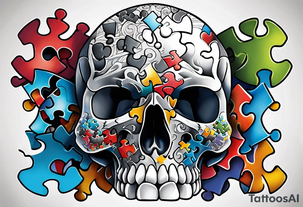 Skull with Autism Awareness Puzzle pieces. tattoo idea