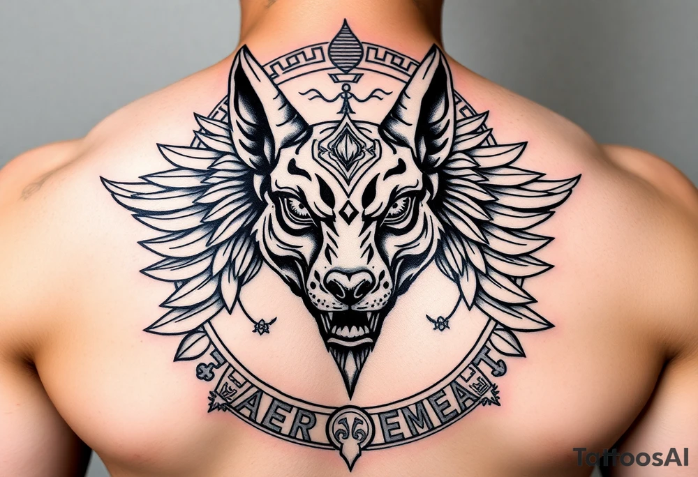 Egyptian Anubis god powerful face muscle in Egypt style dog face surrounded Egyptian symbols based on five elements tattoo idea