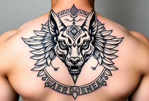 Egyptian Anubis god powerful face muscle in Egypt style dog face surrounded Egyptian symbols based on five elements tattoo idea