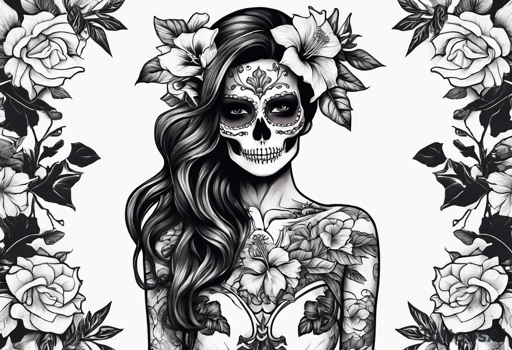 a full body female skeleton with hibiscus flower. tattoo idea