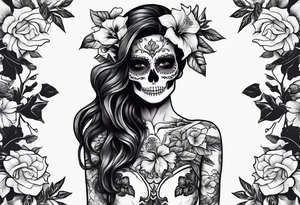 a full body female skeleton with hibiscus flower. tattoo idea