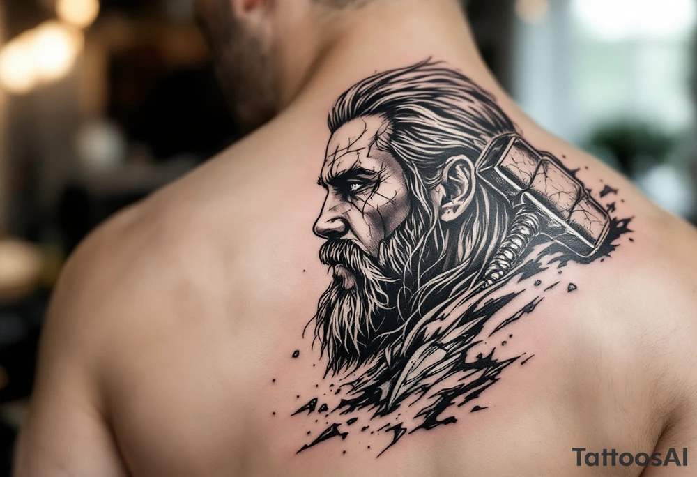 A side profile of Thor with a cracked Mjölnir hammer beside him, symbolizing his journey of loss and growth, in black and grey realism with silver detailing. tattoo idea