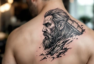 A side profile of Thor with a cracked Mjölnir hammer beside him, symbolizing his journey of loss and growth, in black and grey realism with silver detailing. tattoo idea