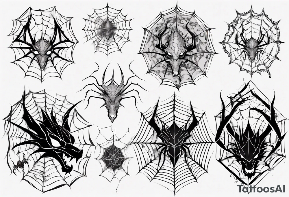 Dragon in a spiral spiderweb with jewels and shattered chalices and one spider tattoo idea