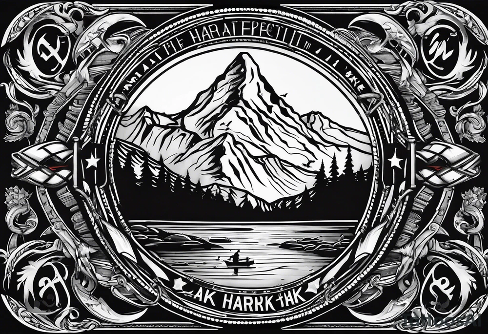 The word "HARK" as a banner with a mountain, a carabiner, compass, lake and an airplane in a circular design tattoo idea