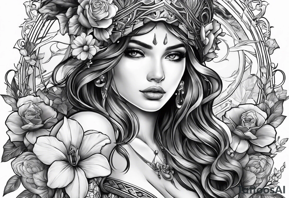 Oceane with a warrior and a beautiful garden tattoo idea