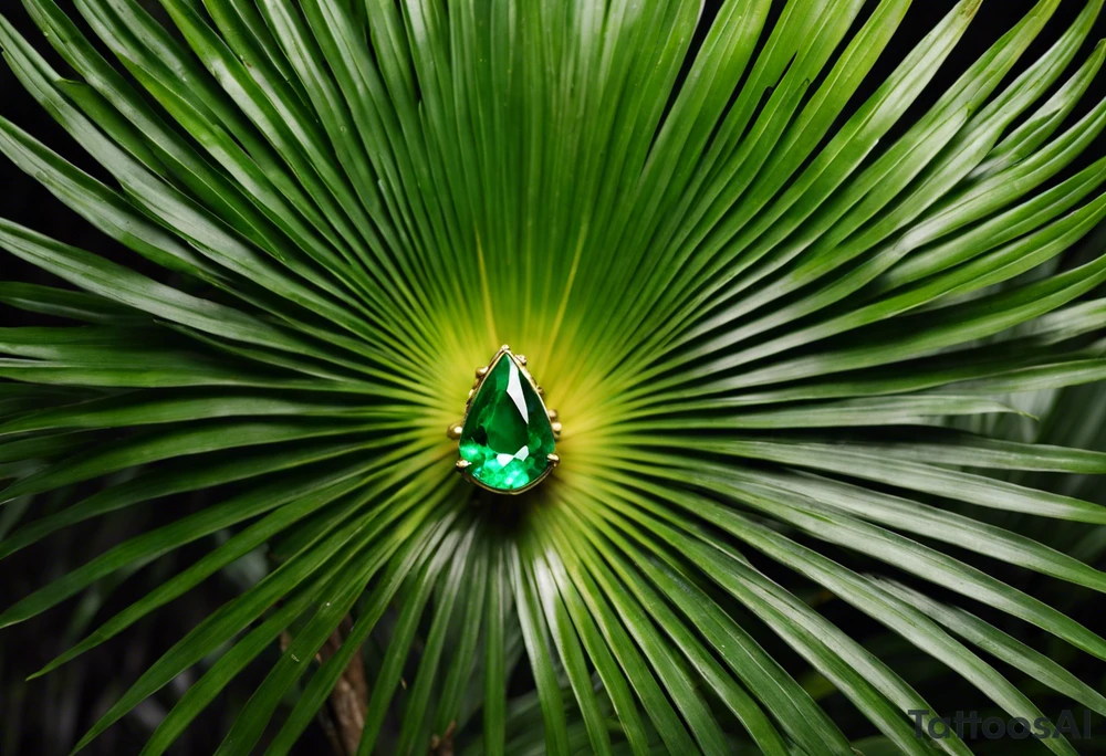Tattoo: A striking Gachala emerald sits at the base of a tall quindio wax palm, which grows resiliently from cracks in rugged, rocky soil. The emerald is the main focal point, symbolizing strength and endurance, while the wax palm, rooted in the soil’s crevices, represents growth and resilience. A small water stream flows gently from the rocks, adding an element of life and nourishment tattoo idea