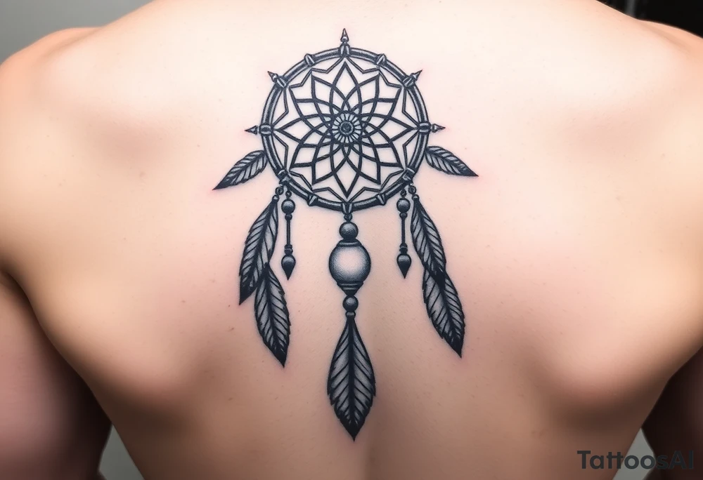 native dreamcatcher with flowing feathers and sacred beads tattoo idea