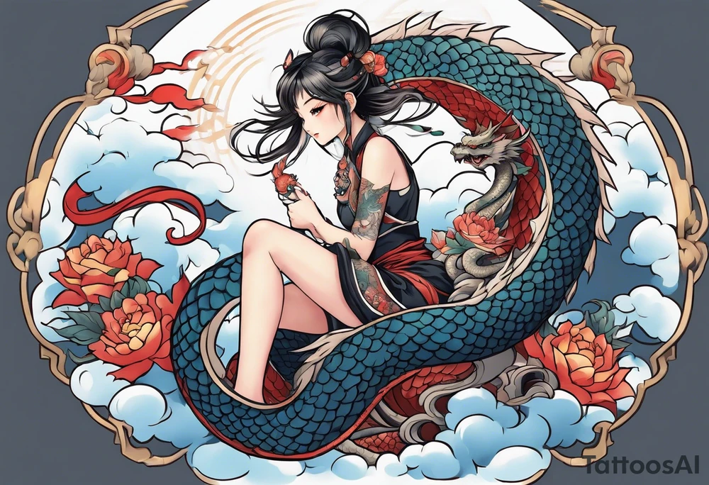 american traditional style, an anime girl sitting on a asian dragon surrounded by cloud tattoo idea