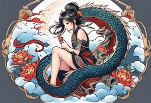 american traditional style, an anime girl sitting on a asian dragon surrounded by cloud tattoo idea