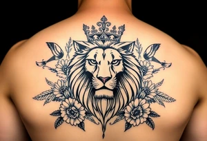 powerful majestic lion with a crown, surrounded by floral ornaments and birds tattoo idea