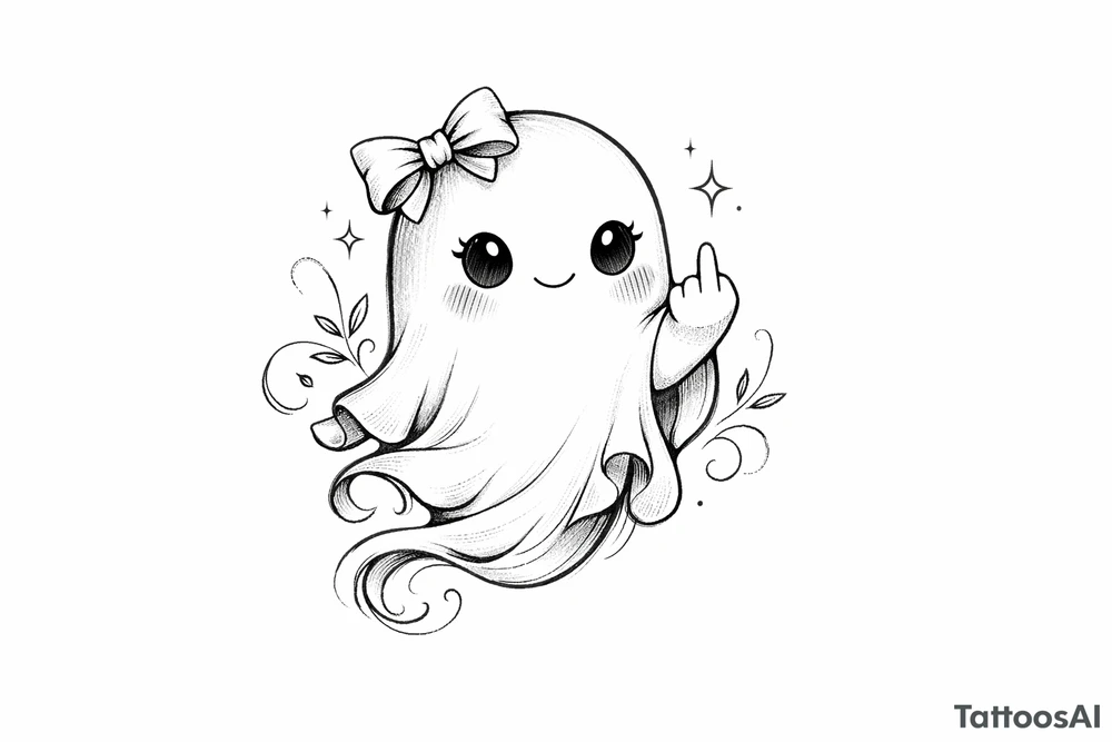 Cute ghost in a bow giving the bird, anime style, soft shading, small. tattoo idea