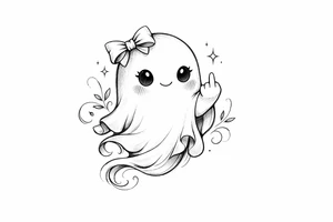Cute ghost in a bow giving the bird, anime style, soft shading, small. tattoo idea