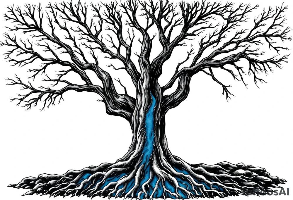 Black and white Tree with roots. Blue water inside the whole tree like many thin veins, flows from the brunches to the roots tattoo idea