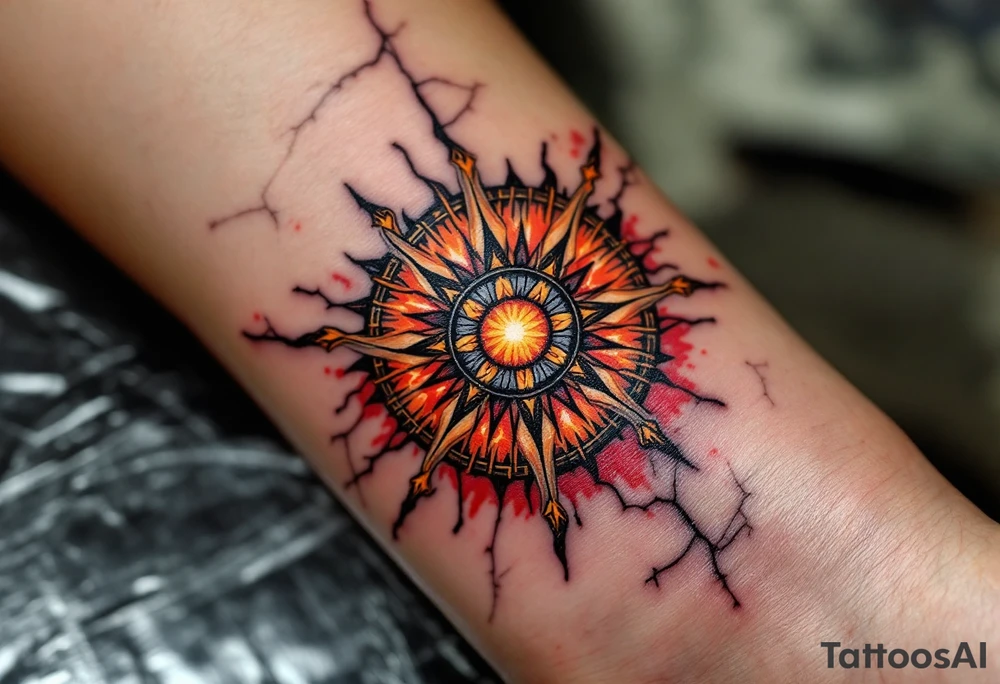 Slavic Sun Wheel – A radiant wheel in fiery tones of orange and red, with radial rays edged in black, backed by cracked stone or parchment. tattoo idea