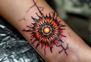 Slavic Sun Wheel – A radiant wheel in fiery tones of orange and red, with radial rays edged in black, backed by cracked stone or parchment. tattoo idea