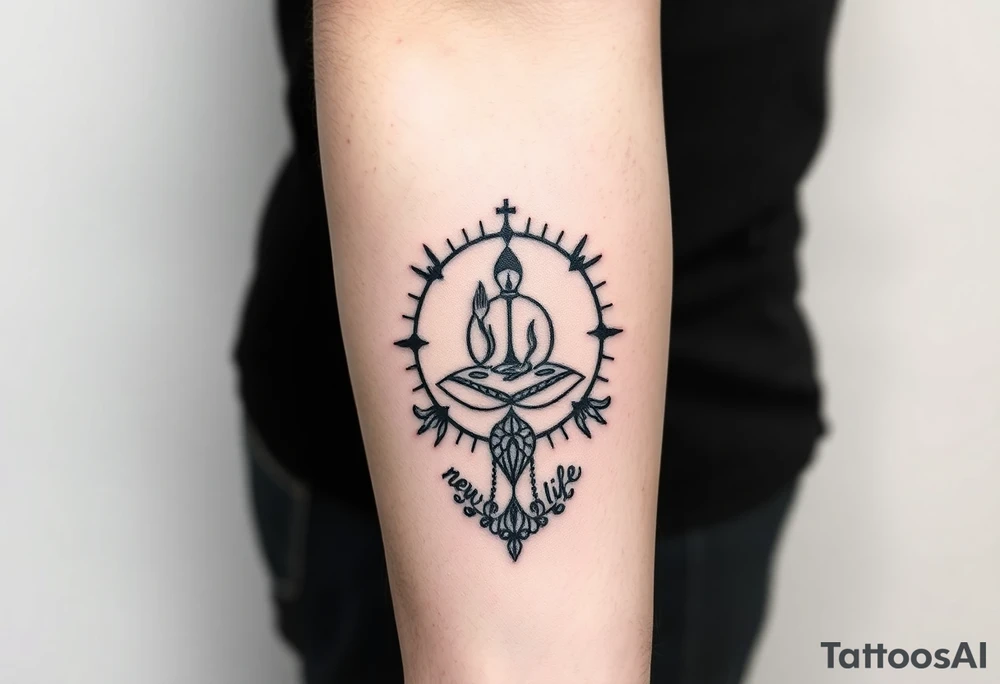 A symbol of victory over enemies surrounded by symbols of meditation and a new life tattoo idea