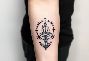 A symbol of victory over enemies surrounded by symbols of meditation and a new life tattoo idea
