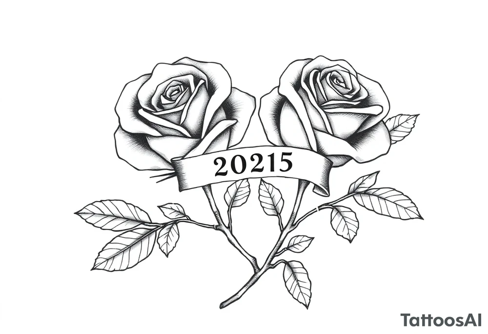 two beautiful rose buds, one larger than the other, with many leaves and their stems intertwined, representing two people in love. Include a banner connecting the two roses with "2025" on it.  The word "Rose" written in Kanji above the drawing.  Use dark outlines with little shading. The two stems should connect and join into one stem, whimsically curved or twisted - not straight down. tattoo idea