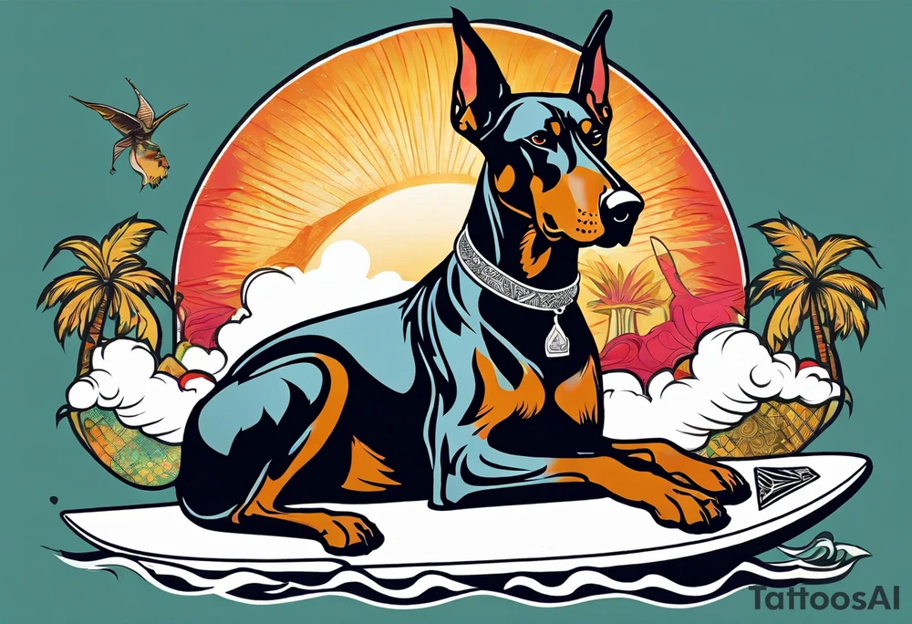 doberman smoking a cigar on a surfboard with a goat with larger horns tattoo idea