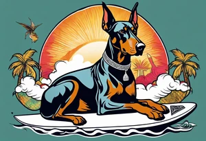 doberman smoking a cigar on a surfboard with a goat with larger horns tattoo idea