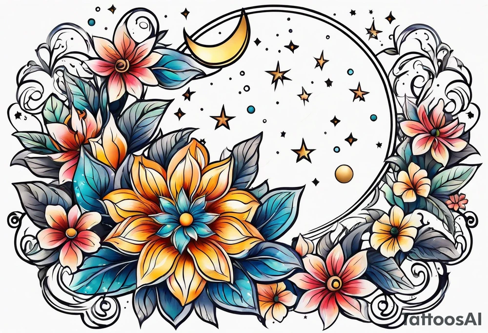 Moon stars flowers tattoo idea