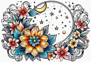 Moon stars flowers tattoo idea