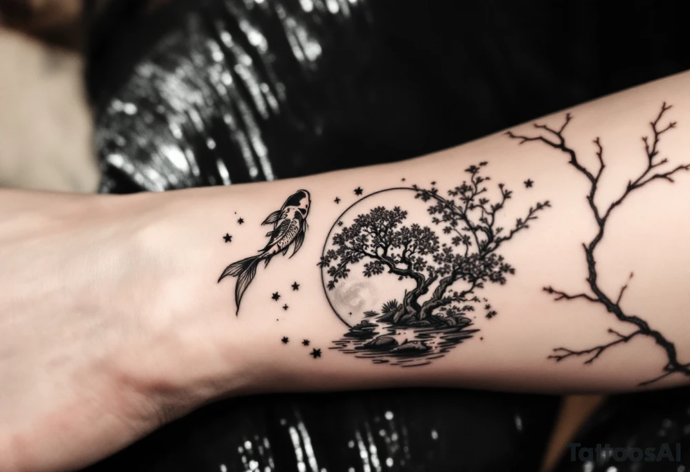 a koi fish swimming UP the stream in a pond moonlight by the full moon with a sakura tree by the pond tattoo idea