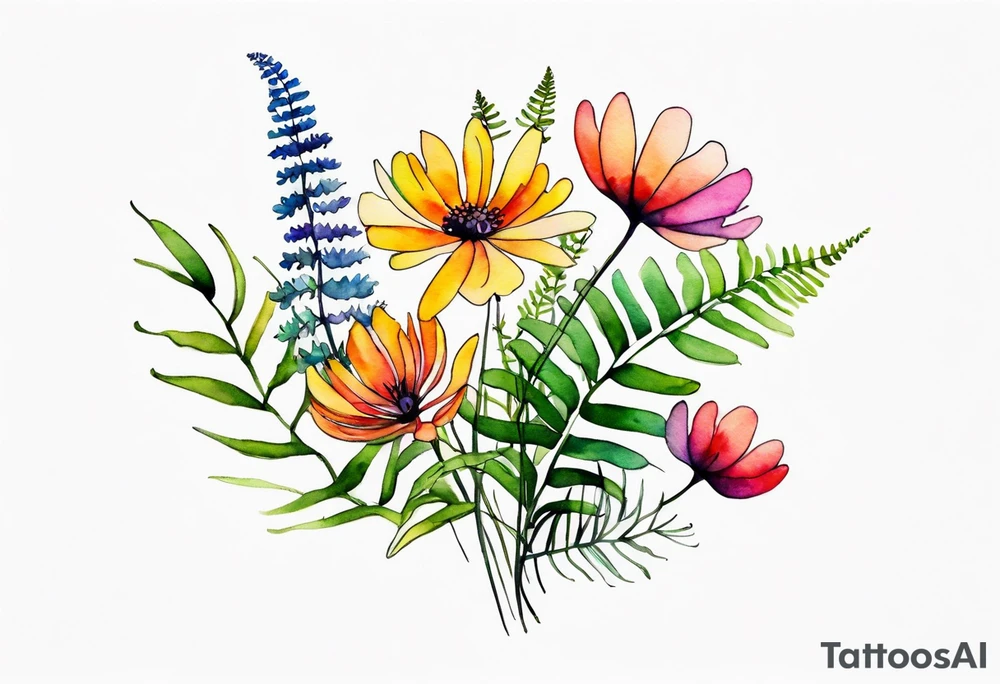 Multi colored wild flowers long stems bouquet with ferns all watercolor tattoo idea